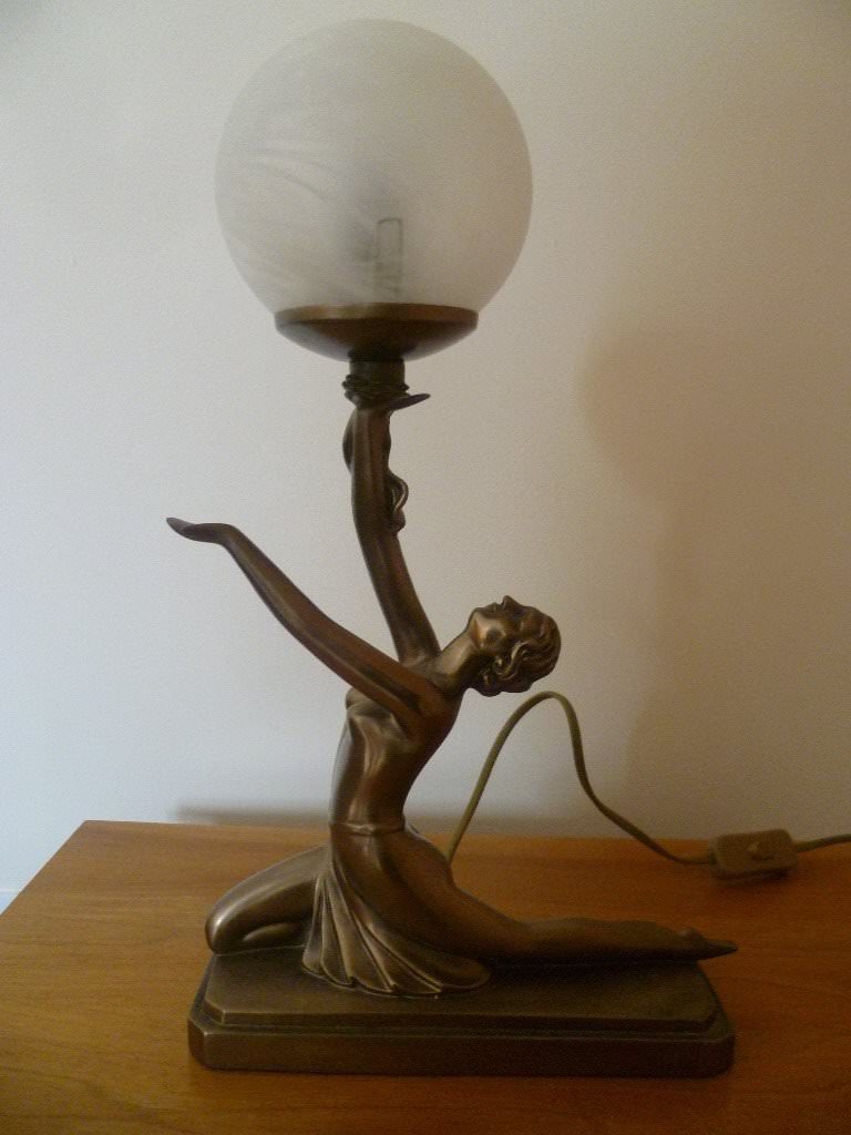 Art Deco Bronze Lady Kneeling Holding Glass Globe Table Lamp In Art Deco Bronze Lady Kneeling Holding Glass Globe Table Lamp In