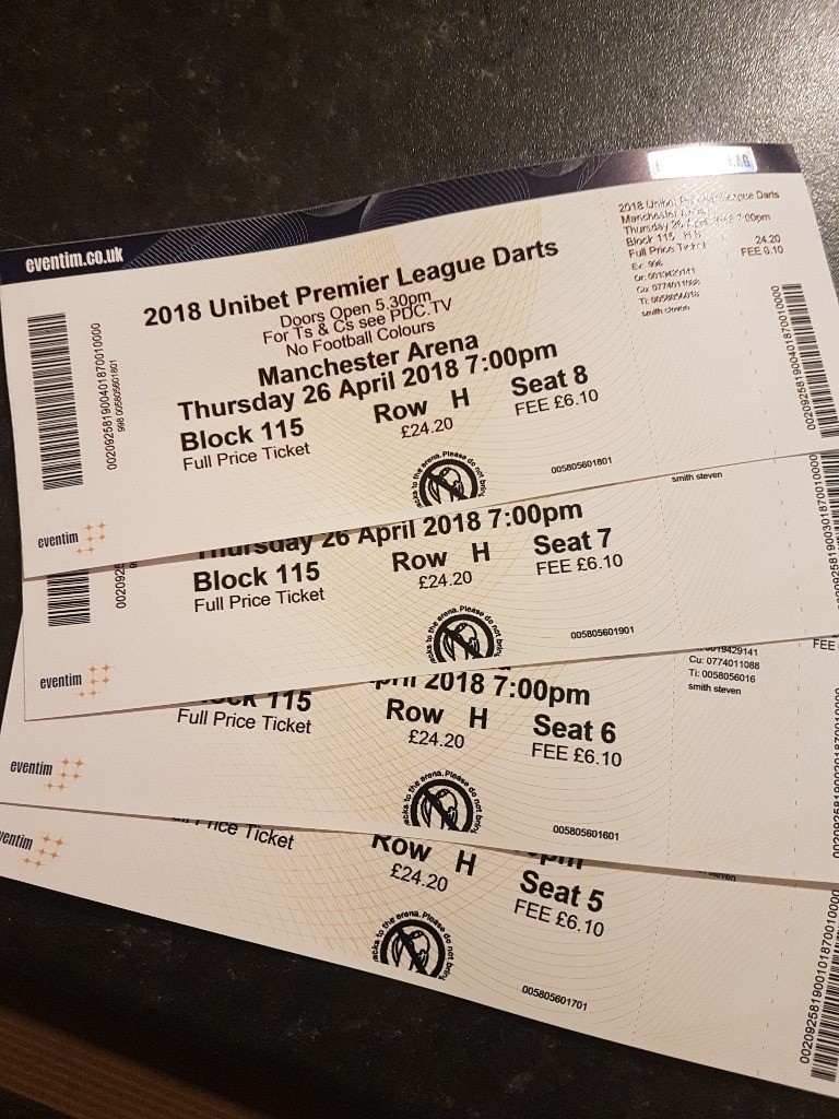 4 x Premier League Darts tickets Manchester Arena in Milnrow
