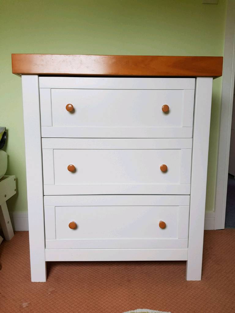 Nursery furniture set matching chest of drawers, cot bed and wardrobe