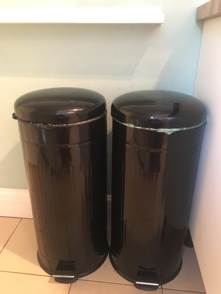 2 x large tall black vintage style retro pedal kitchen bins set in