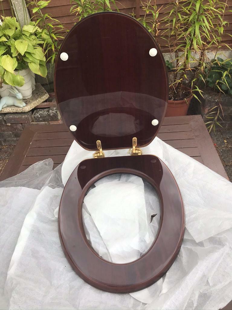 New expensive shiny solid hardwood inlaid toilet seat | in Broadstone