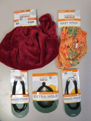Lot of 5 Cantu Hair Items: Drying Cap, Easy Wrap, Hair Clip, Hook Elastic Bands