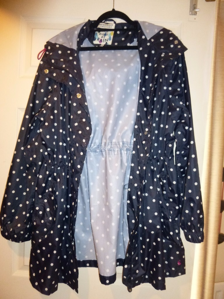 Joules navy polka dot pack away waterproof pack away parka raincoat mac