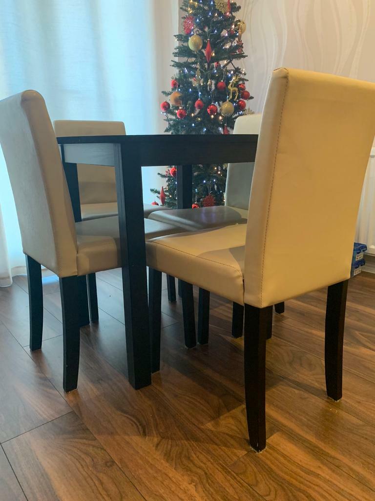 Argos Brown Dining Table & Four Faux Leather Cream Chairs ...
