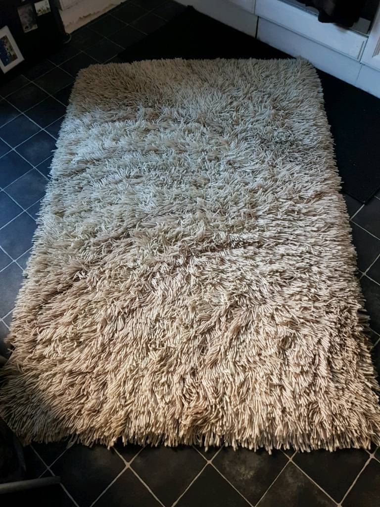 Ivory / Beige Super Shaggy Extra Long Twist Pile Wool Rug 120 x 170