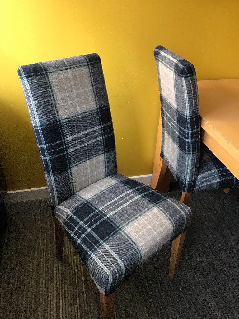 Stunning dining room Harris tweed indigo check chairs and solid wood