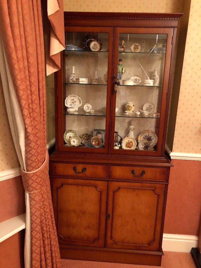 Yew display . Comes in two pieces . Light in glass display