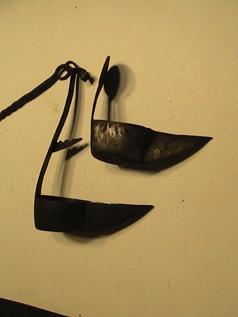 Antique Hand Forged Iron Crusie Double Pan Betty Whale Oil Lamp Hang Hook 1800's