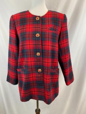 MINE Women's Red Green Plaid Print Christmas Holiday Jacket Coat Sz M