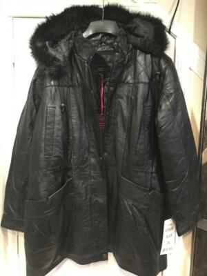 Pre-owned Midnight Velvet Women's Winter Church 100% Lambskin Leather Hooded Faux Fur Jacket Coat Plus 3xl In Black