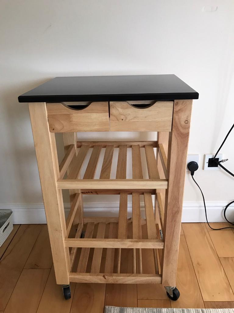 Hygena solid wood kitchen trolley with solid black granite top