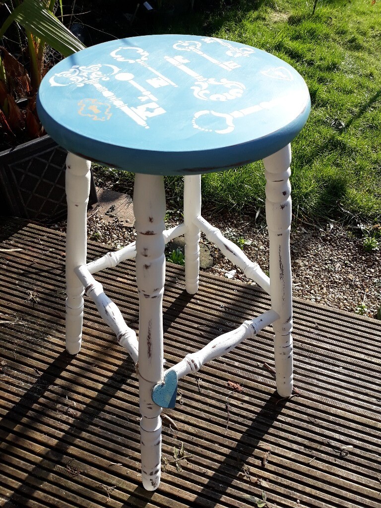 Wooden Stool Shabby Chic White And Blue Chalk Paint In