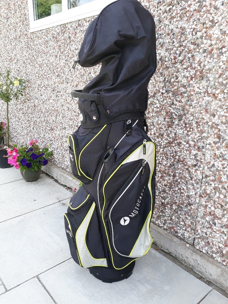 Motocaddy club series golf cart bag in black with yellow and grey trim