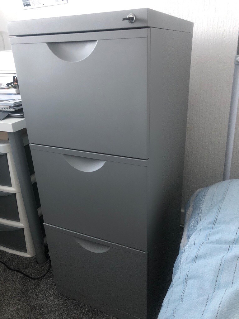 IKEA ERIK Grey Metal Lockable Filing 3 Drawers with two keys