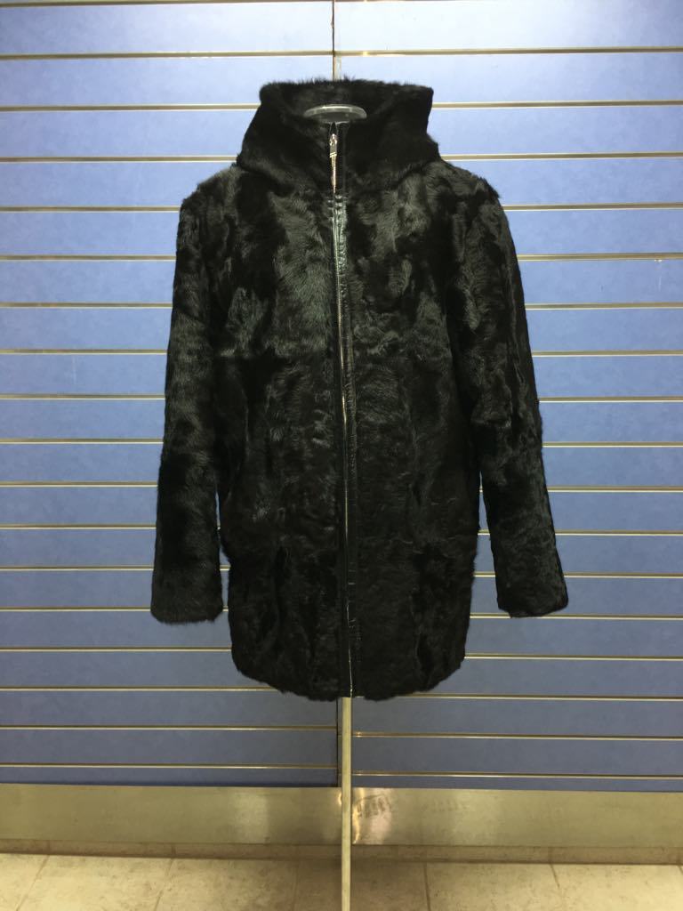 Pre-owned Fenzo Furs Luxury Full Skin Black Lamb Astrackhan Fur Men Coat Real Fur Jacket Black Hooded