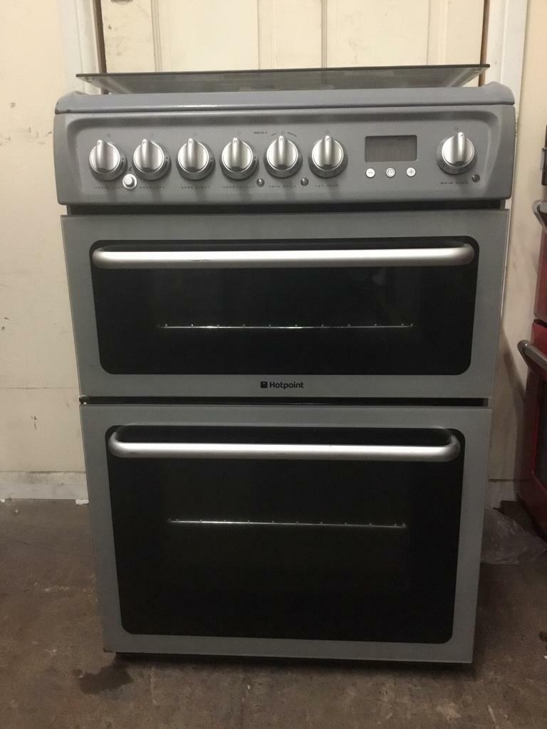 hotpoint dual fuel gas cooker 60cm fsd grey double oven 3 months