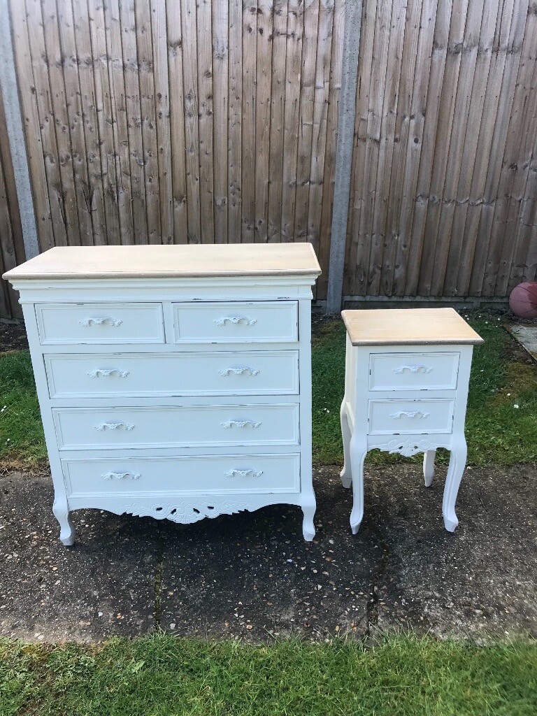 Cream Coloured Shabby Chic Chest Of Drawers And Bedside Table