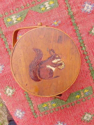 Early 1900s MINI FIRKIN SUGAR BUCKET ~ Carved & Painted Folk Art Squirrel