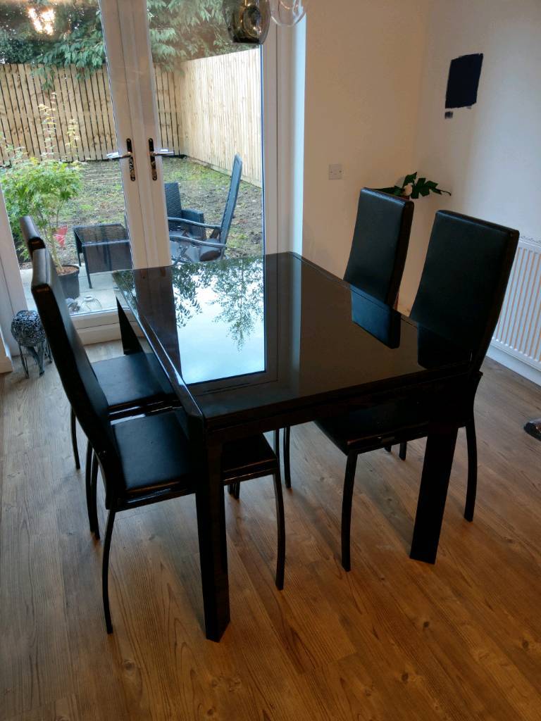 Extending Glass and Metal Black Dining Table and 4 Chairs ...
