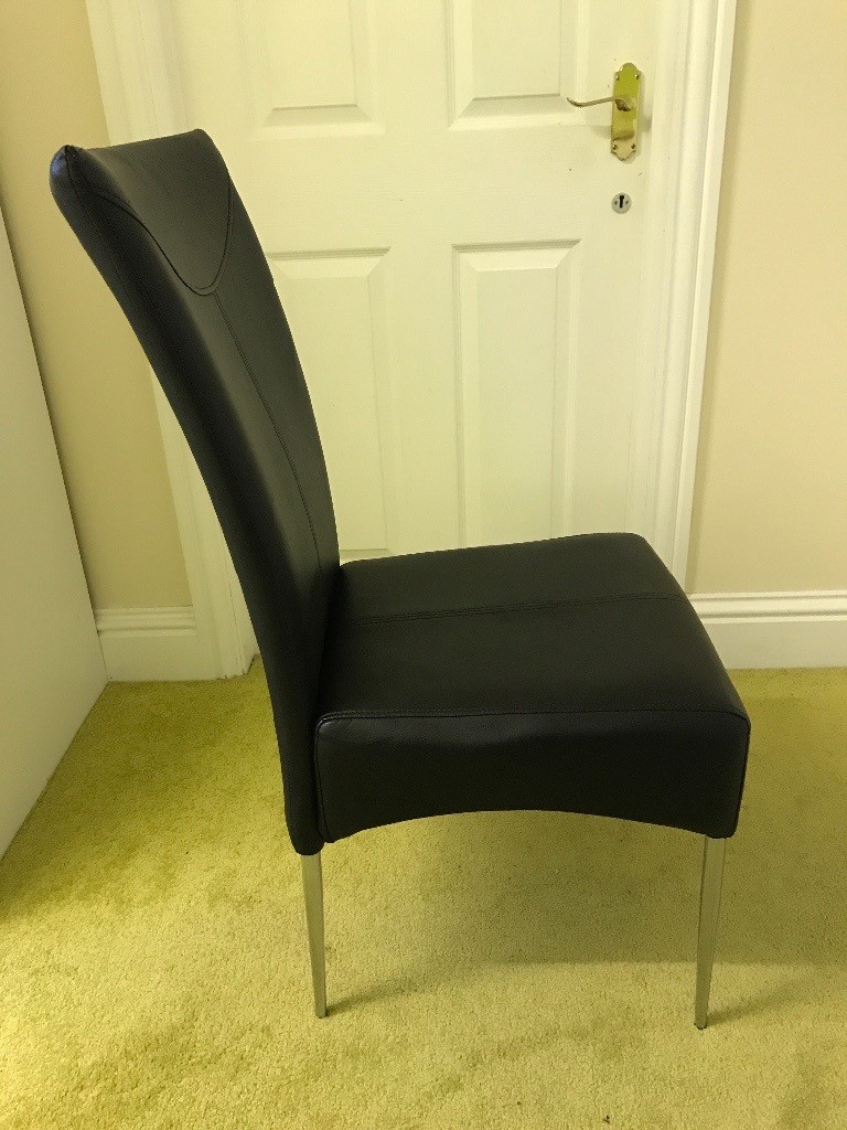 3 Black, leather look, dining/kitchen chairs with stainless steel legs