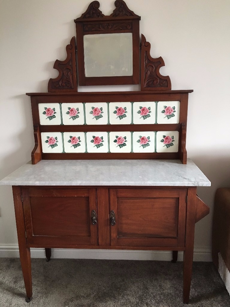 ANTIQUE VINTAGE WASH STAND WASHSTAND MARBLE TOP MIRROR & TILES OLD