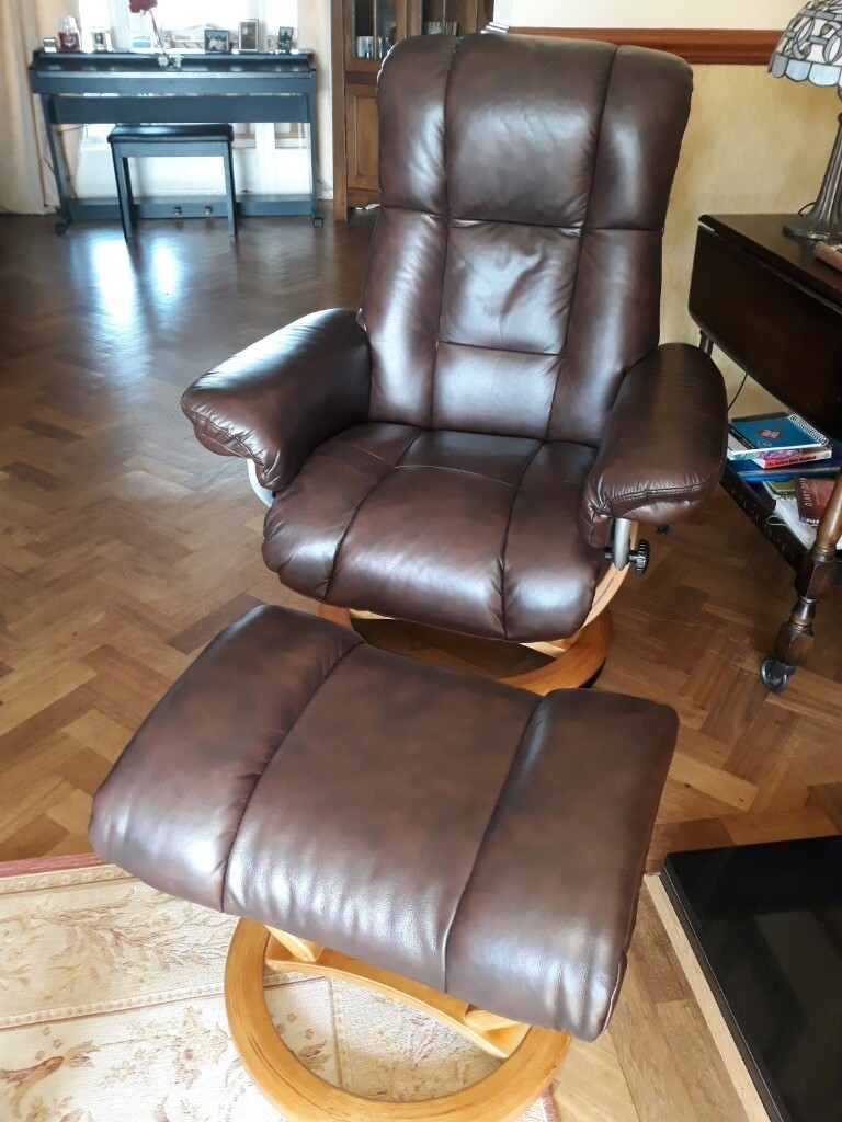 Brown real Leather Swivel Recliner Chair and Footstool in excellent