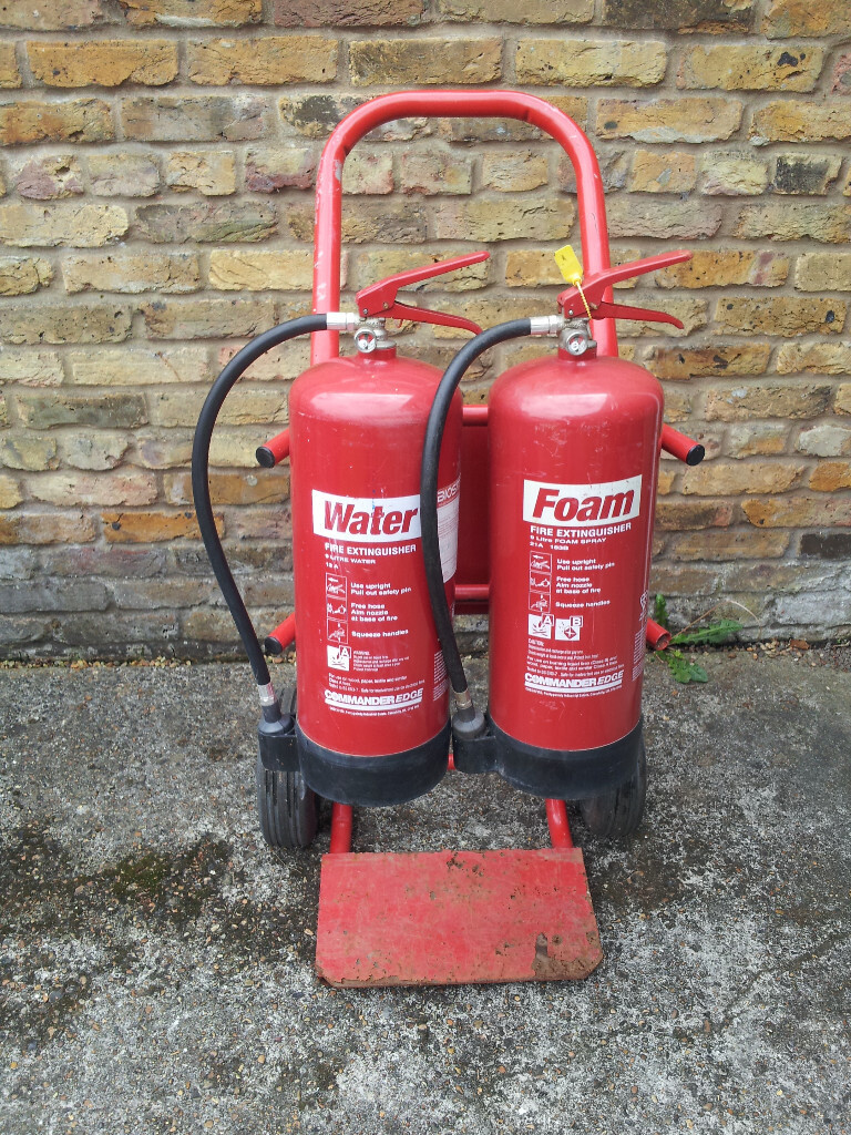 DOUBLE FIRE EXTINGUISHER TROLLEY & REFILLED EXTINGUISHERS (Wate & Foam