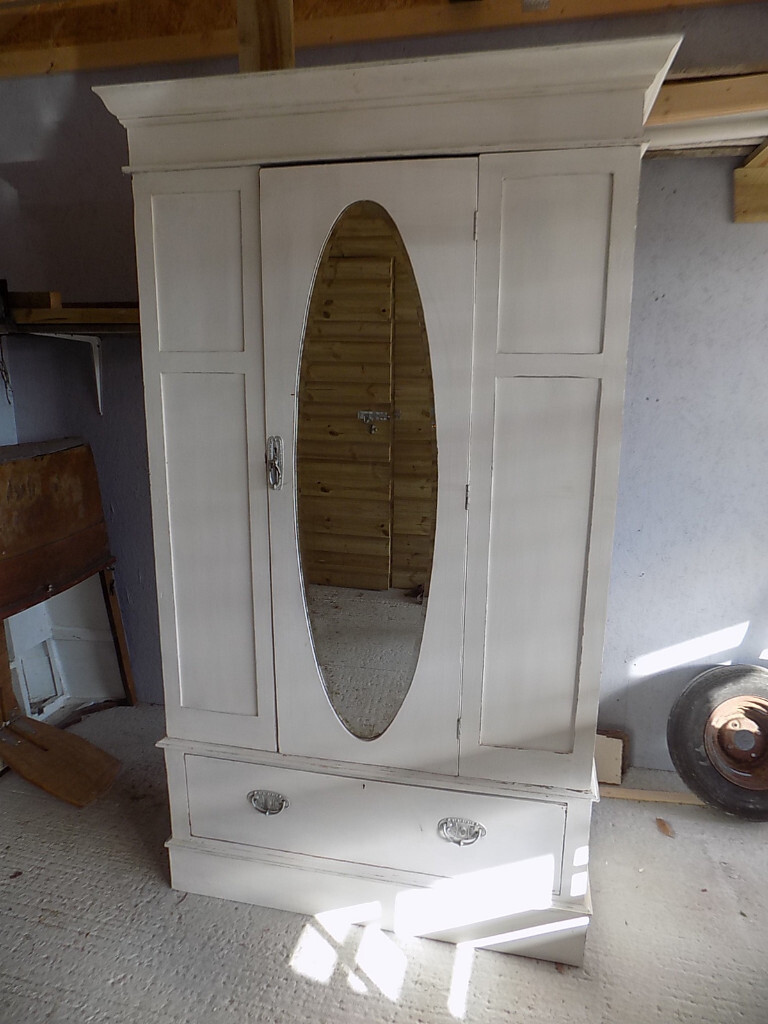 Painted Old Fashioned Wardrobe With Oval Mirror And Bottom Drawer