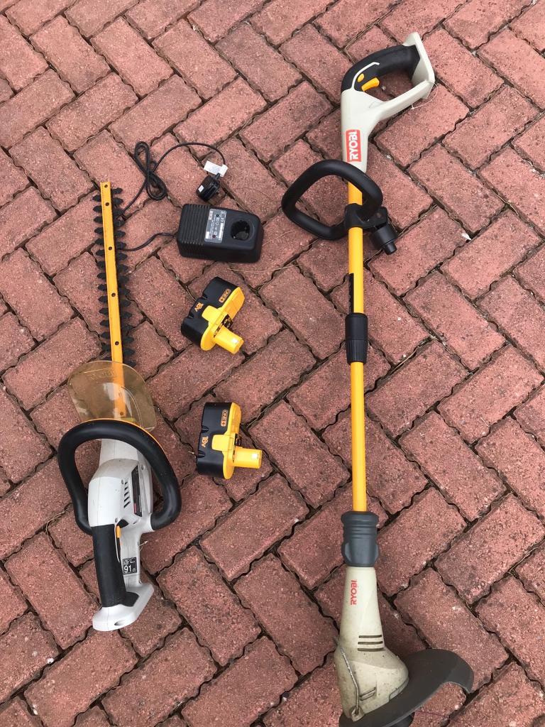 RYOBI 18v cordless hedge trimmer and grass trimmer 2 x 18v batteries