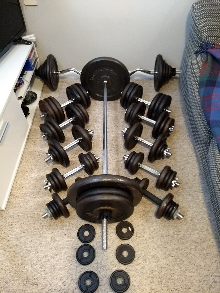 Weights Dumbbells, Barbells, Ez Bar, Hammer Curl Bar & Bench, 285KG of