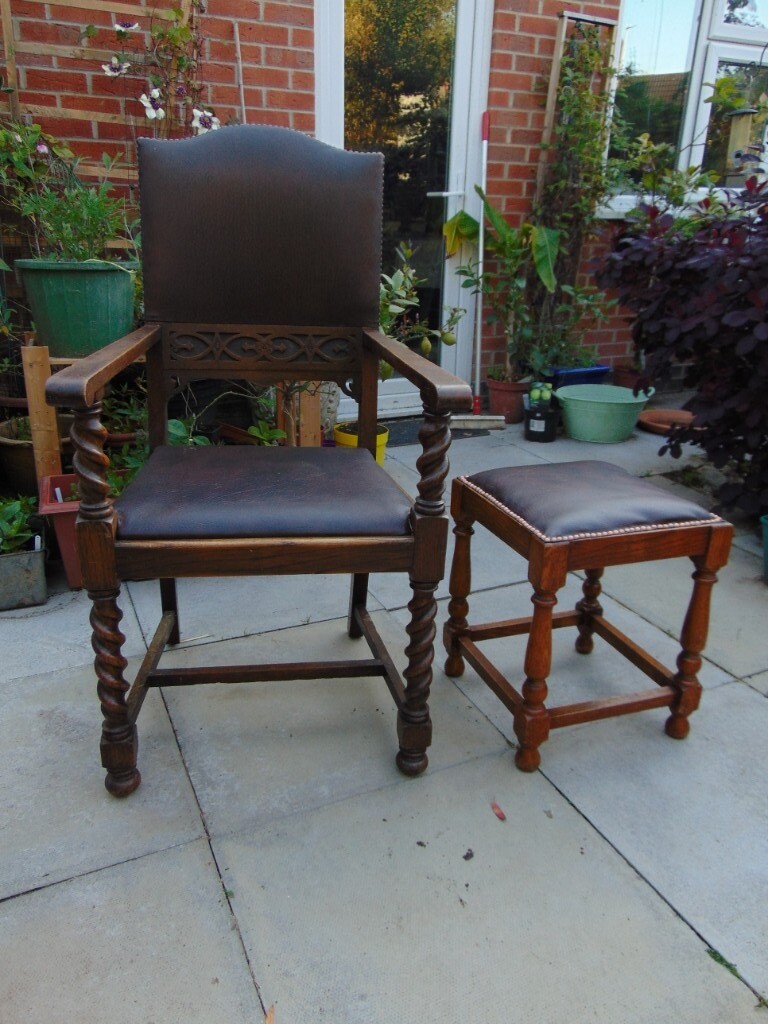 Antique oak 1913 open arm barley twist carver chair with oak stool in