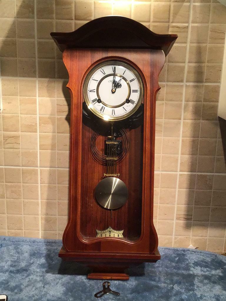 LOVELY MAHOGANY CHIMING WALL CLOCK WITH KEY in Doncaster, South