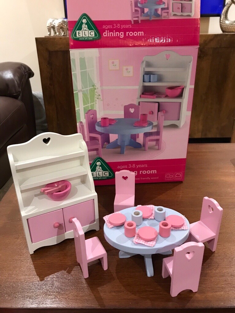 Elc early learning centre rosebud wooden dolls house dining room set