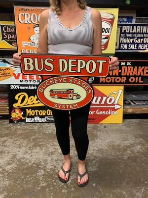 Antique Vintage Old Style Metal Sign Sign Bus Depot Made in USA
