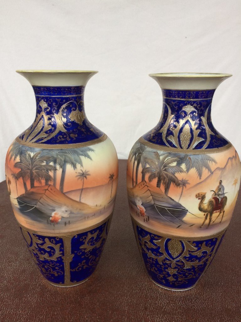 Pair of handpainted Japanese Noritake vases (about 1920), enamel with