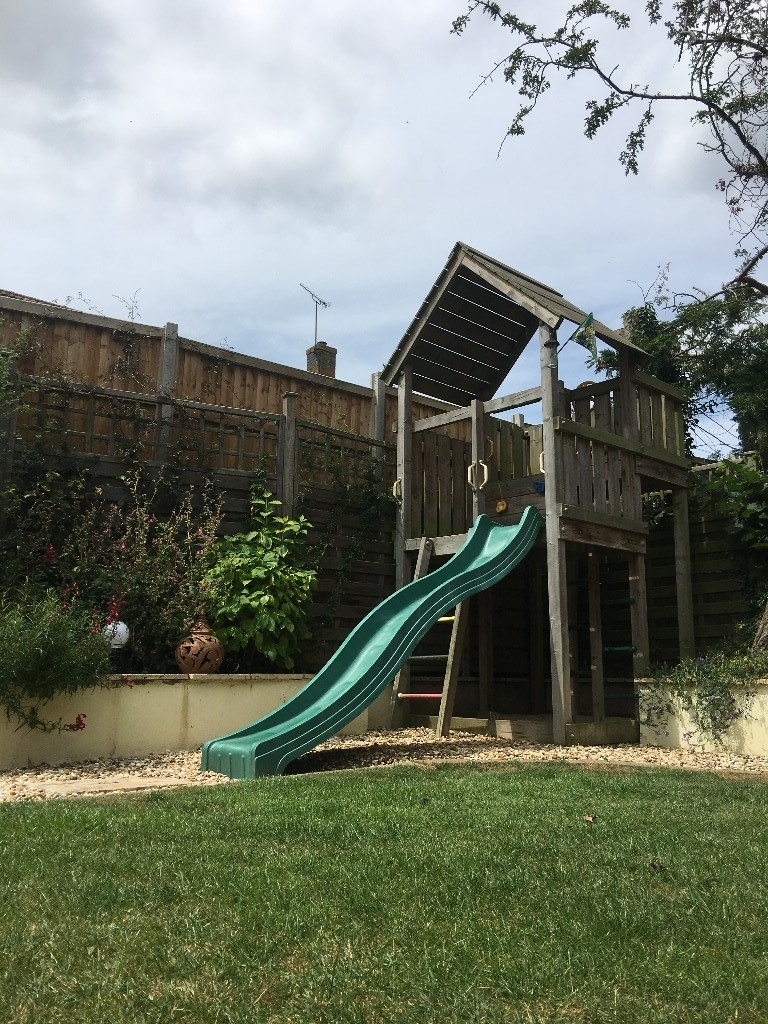 Climbing Frame for small garden Wooden with slide, climbing wall