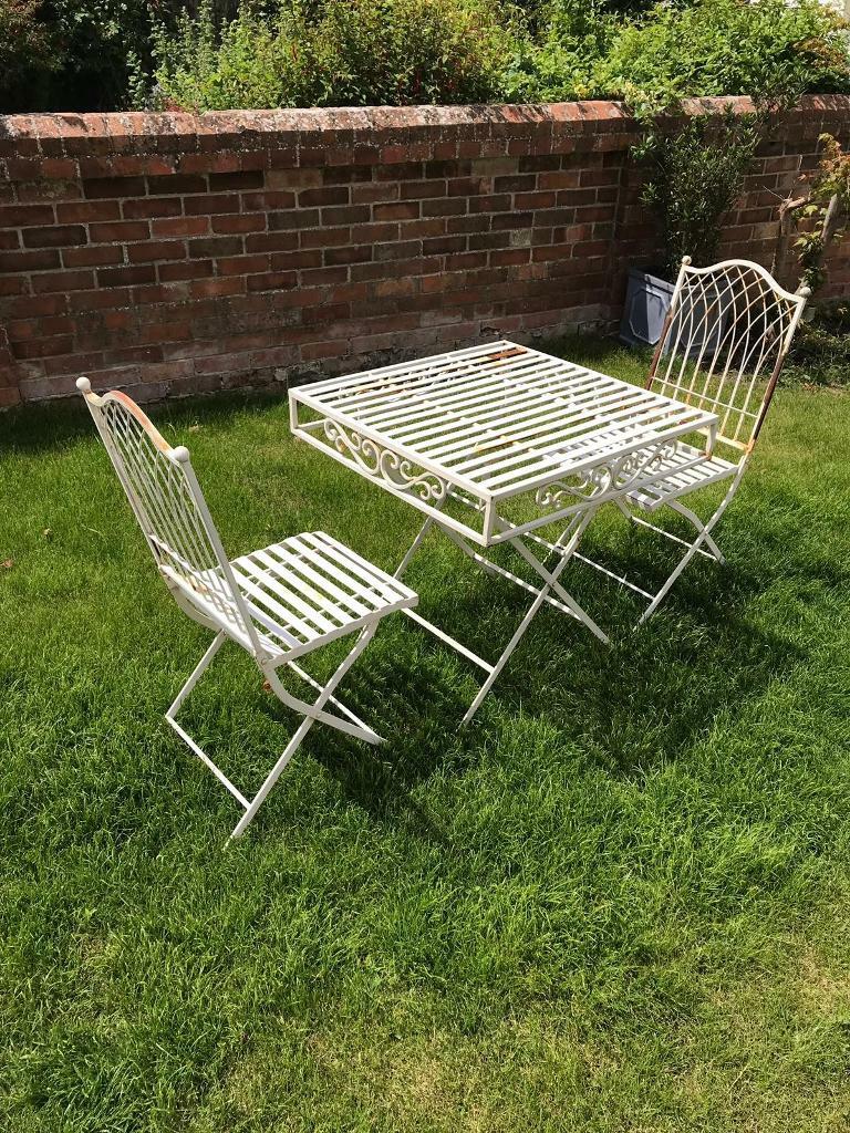 Victorian Style White Cast Iron Folding Garden Bistro Patio Chair Table Set