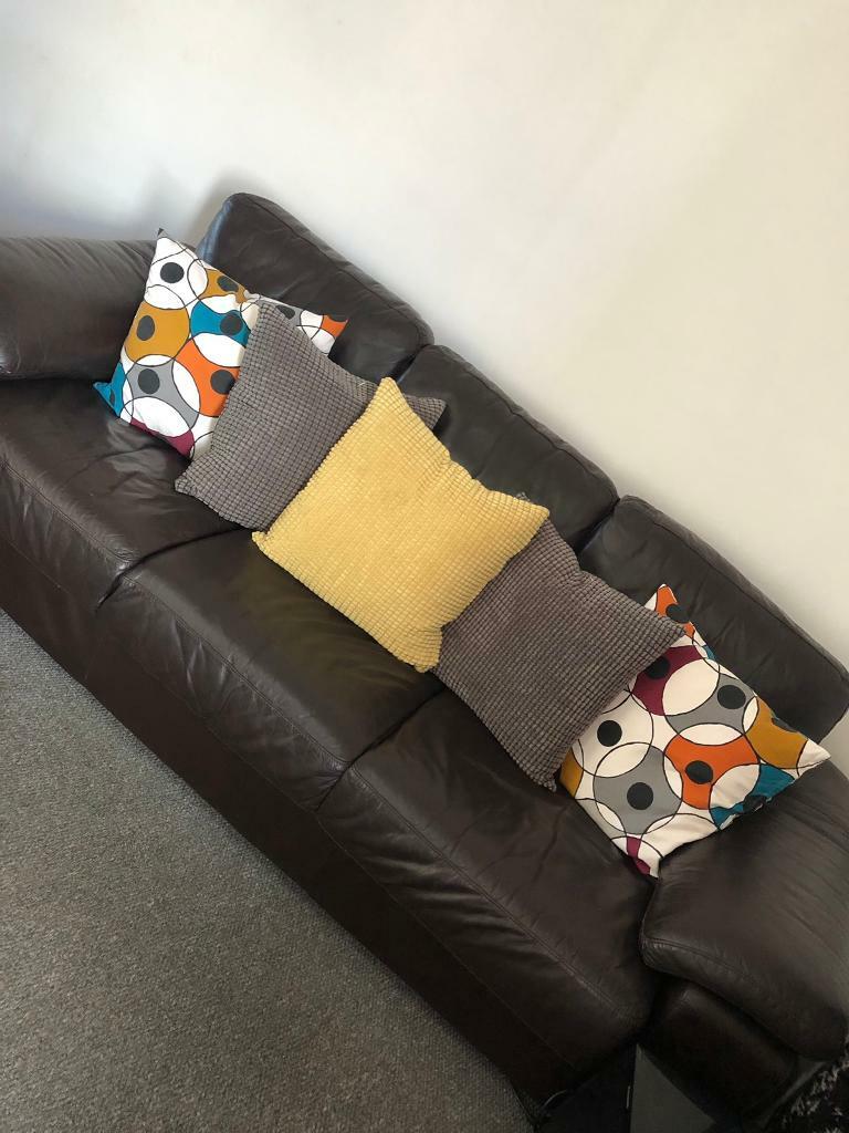Dark Brown Leather Sofas 2 And 3 Seater Including 8 Feather Cushions