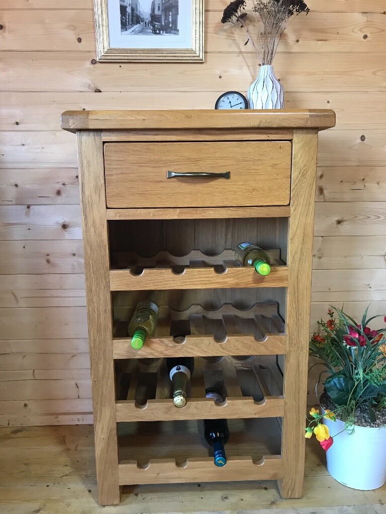 Farmhouse oak wood wine rack unit with drawer 16 bottle rack