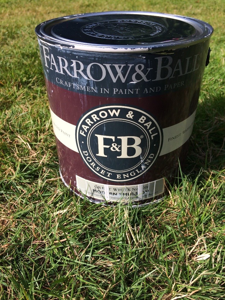 Farrow and Ball 'Great White' emulsion paint half of a 2.5 L tin, perfect condition + 2 tester
