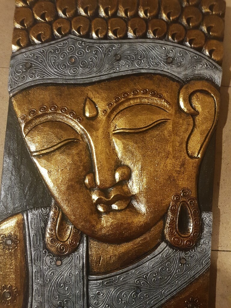 bali Indonesian buddha wood carving gold gilded 3d effect 590mm x 385mm