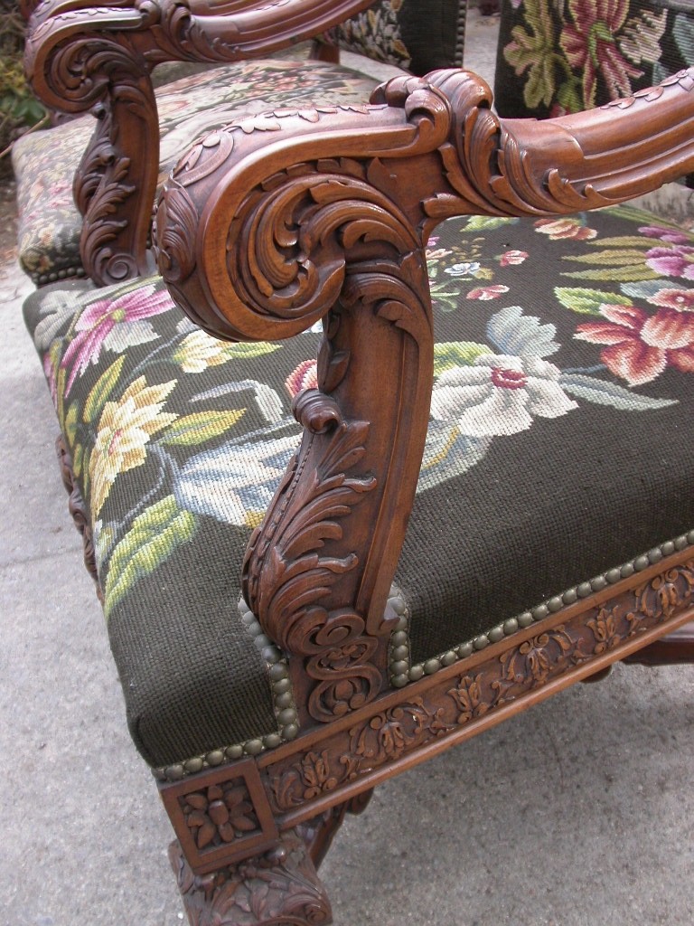 Magnificent Carved Walnut Arm Chairs, Baroque/Classical, Needle/petitpoint BEST!