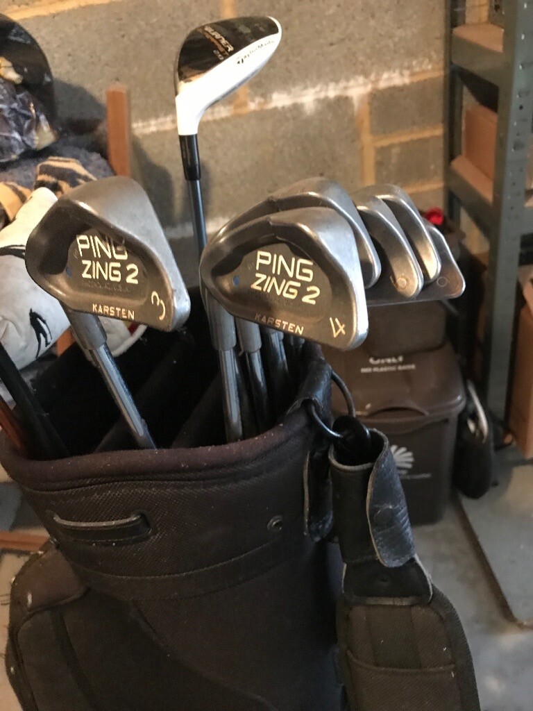 Ping zing 2 blue dot left handed irons plus g10 driver, 3 wood, bag and