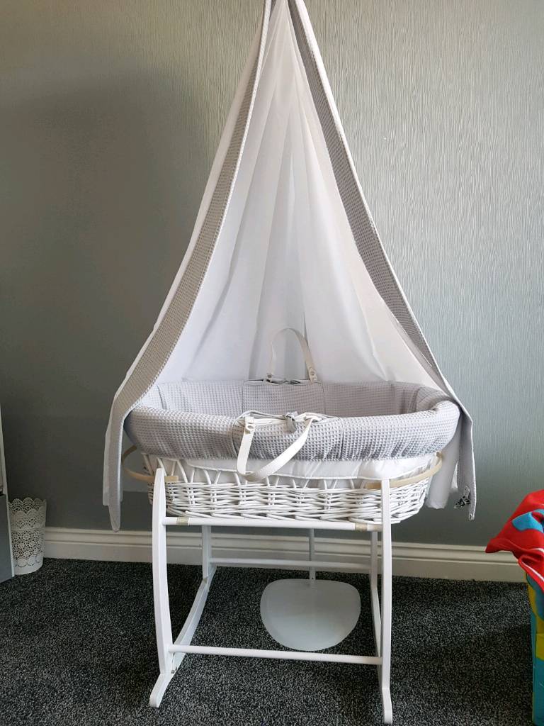 Clair De Lune wicker moses basket with rocking stand and drape | in