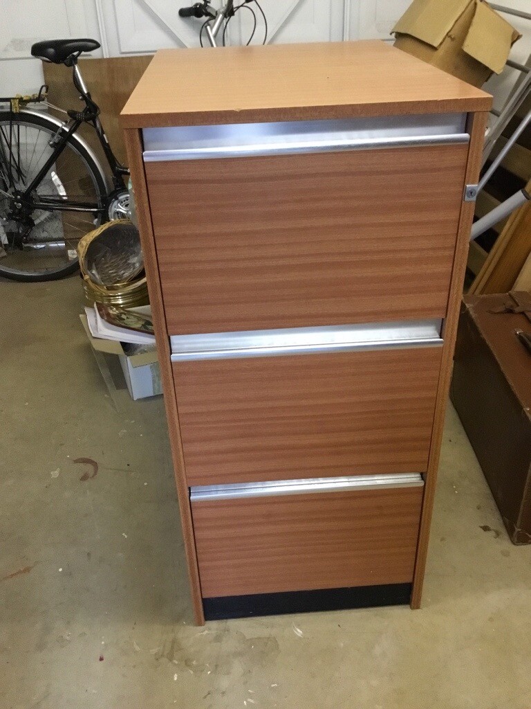 Wood Effect Three Drawer Filing Cabinet Complete With Loads Of File