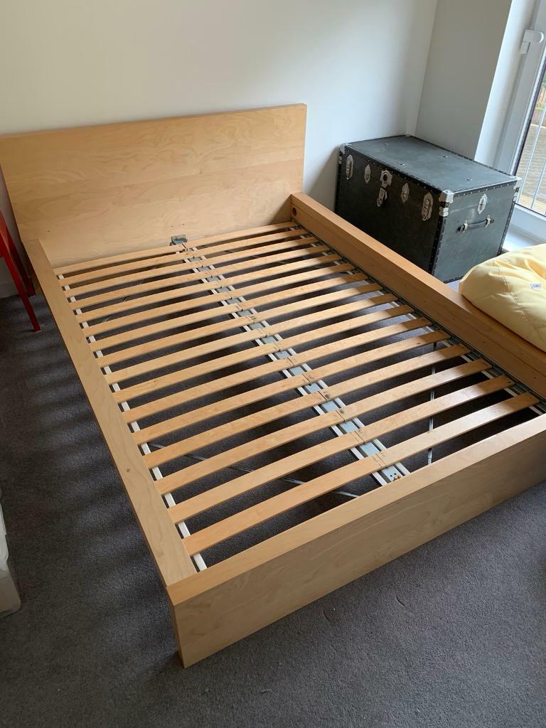 MALM Low Bed frame, oak veneer, Luröy, Standard Double in Paisley