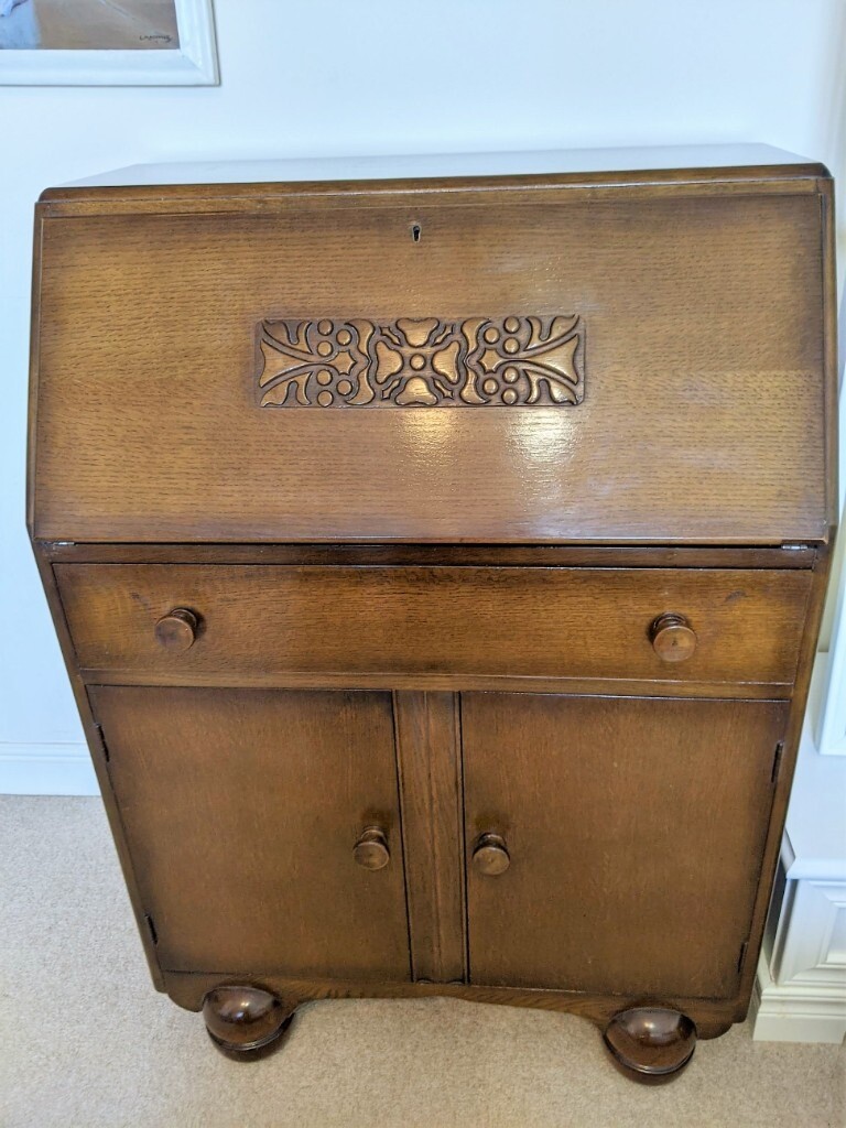 JENTIQUE VINTAGE CARVED SOLID OAK WOOD WRITING DESK BUREAU WITH DRAWER