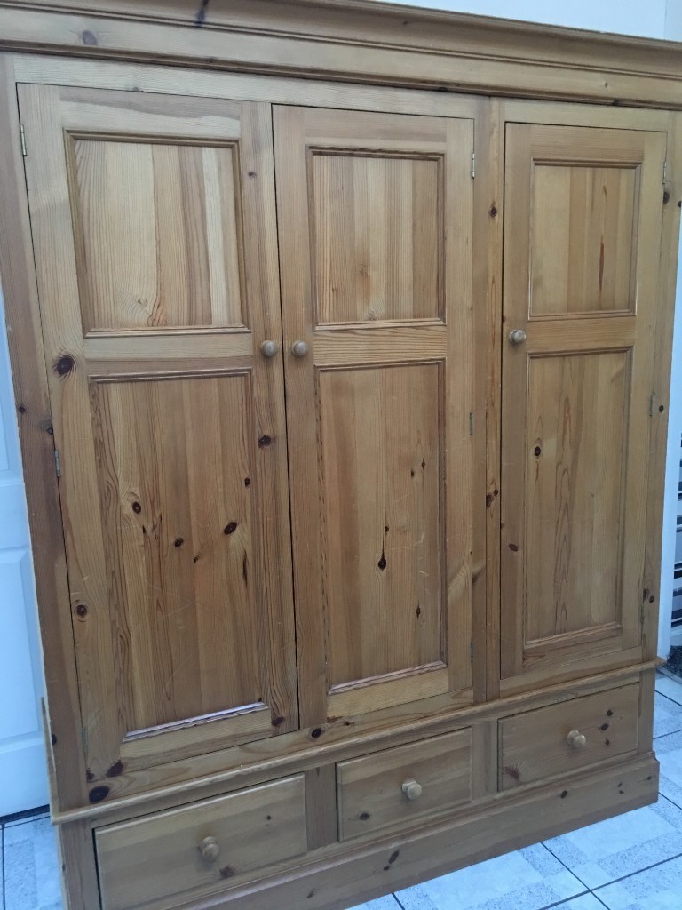 Large 3 Door 3 Deep Drawer Solid Pine Wardrobe Not