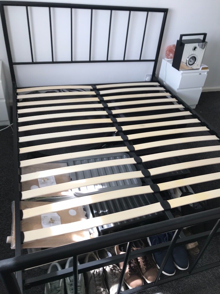 King Size Bed Frame. Black, metal frame with wooden slats ...