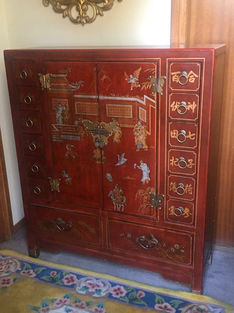 Vintage Inspired Tall Red Chinese Oriental Wood x3 Shelves x 12